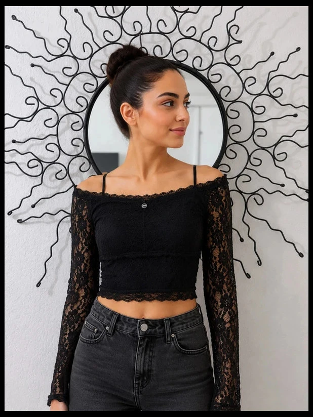 Jennyfer Black Lace Crop Top – Off-Shoulder & Lace-Up Details – Size XS (New) – photo 8